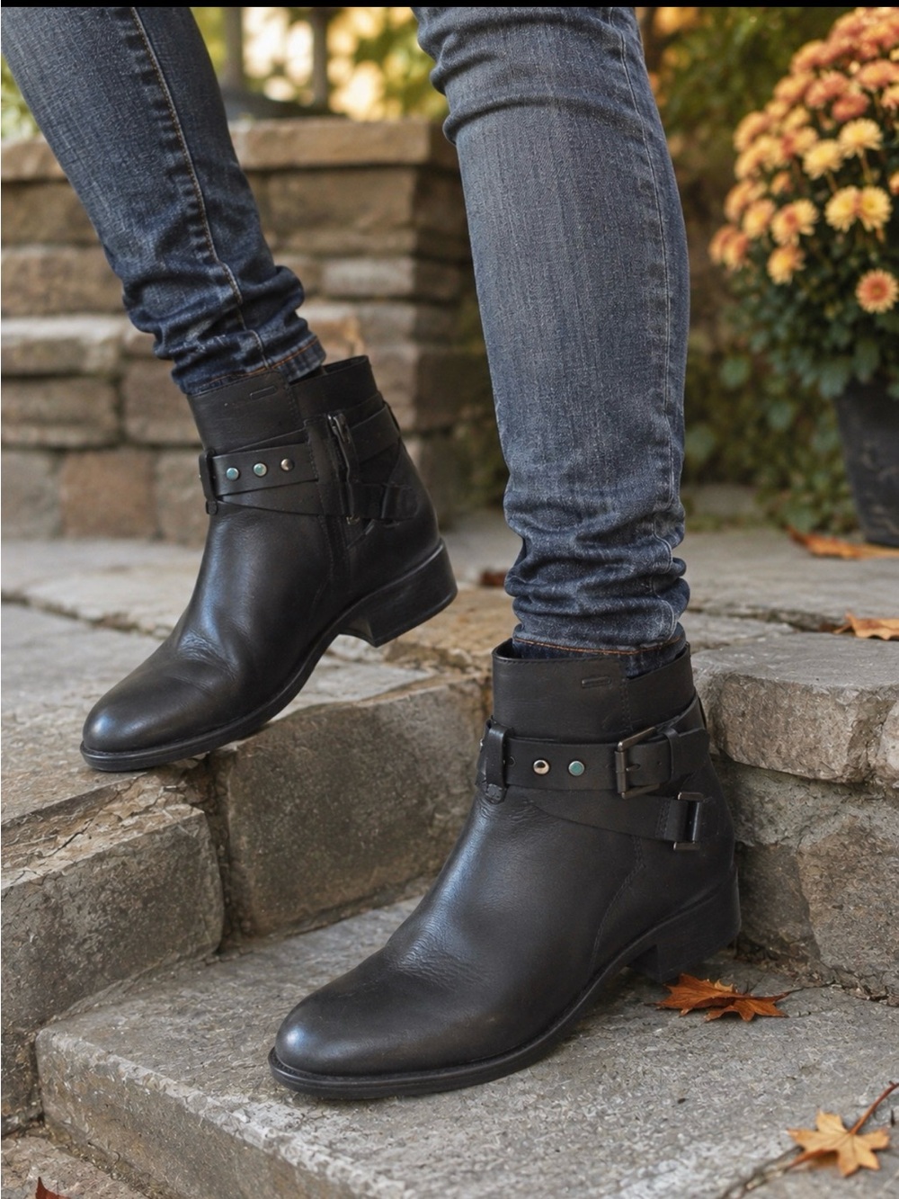Geox Black Leather Ankle Booties with Buckle Detail